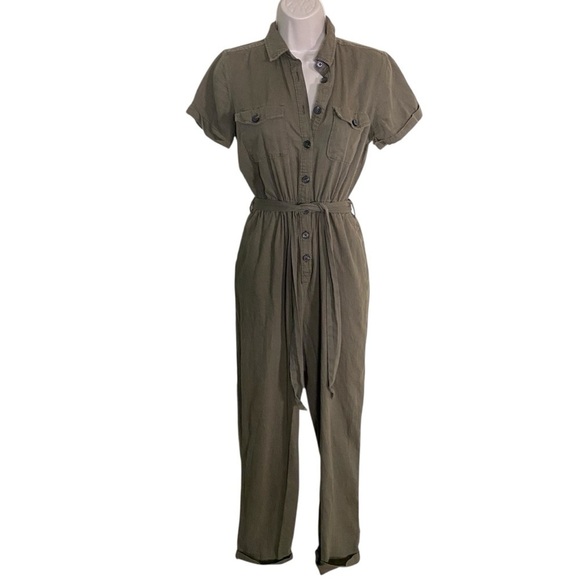 SO Olive Green utility Jumpsuit with Elastic Waist and Short Sleeves Size S - Picture 1 of 9